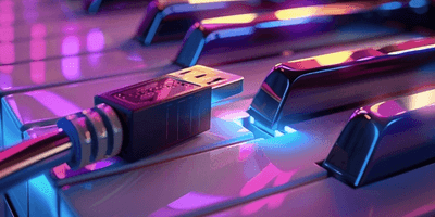 Piano keys and connection cable in neon lighting