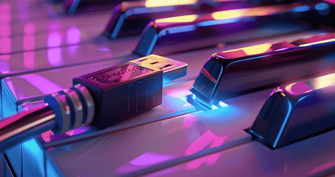 Piano keys and connection cable in neon lighting