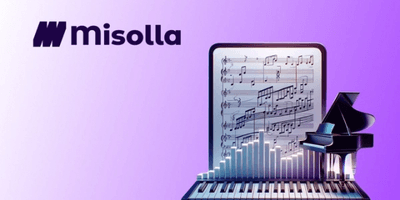 Sheet music for piano on the tablet and logo of Misolla Music